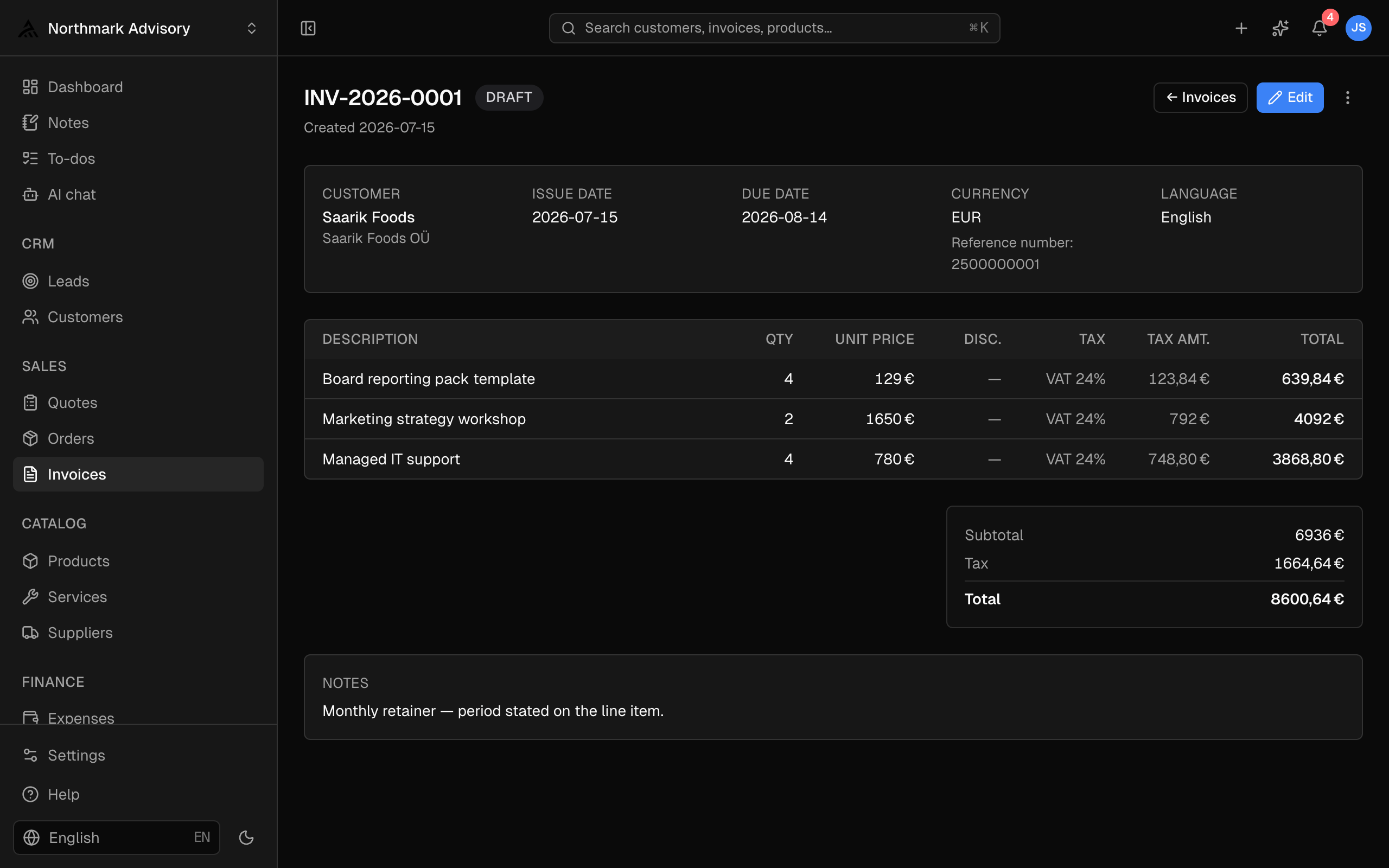 An invoice open in ERPFlow — line items with line-level VAT, totals, and the customer's currency and language.