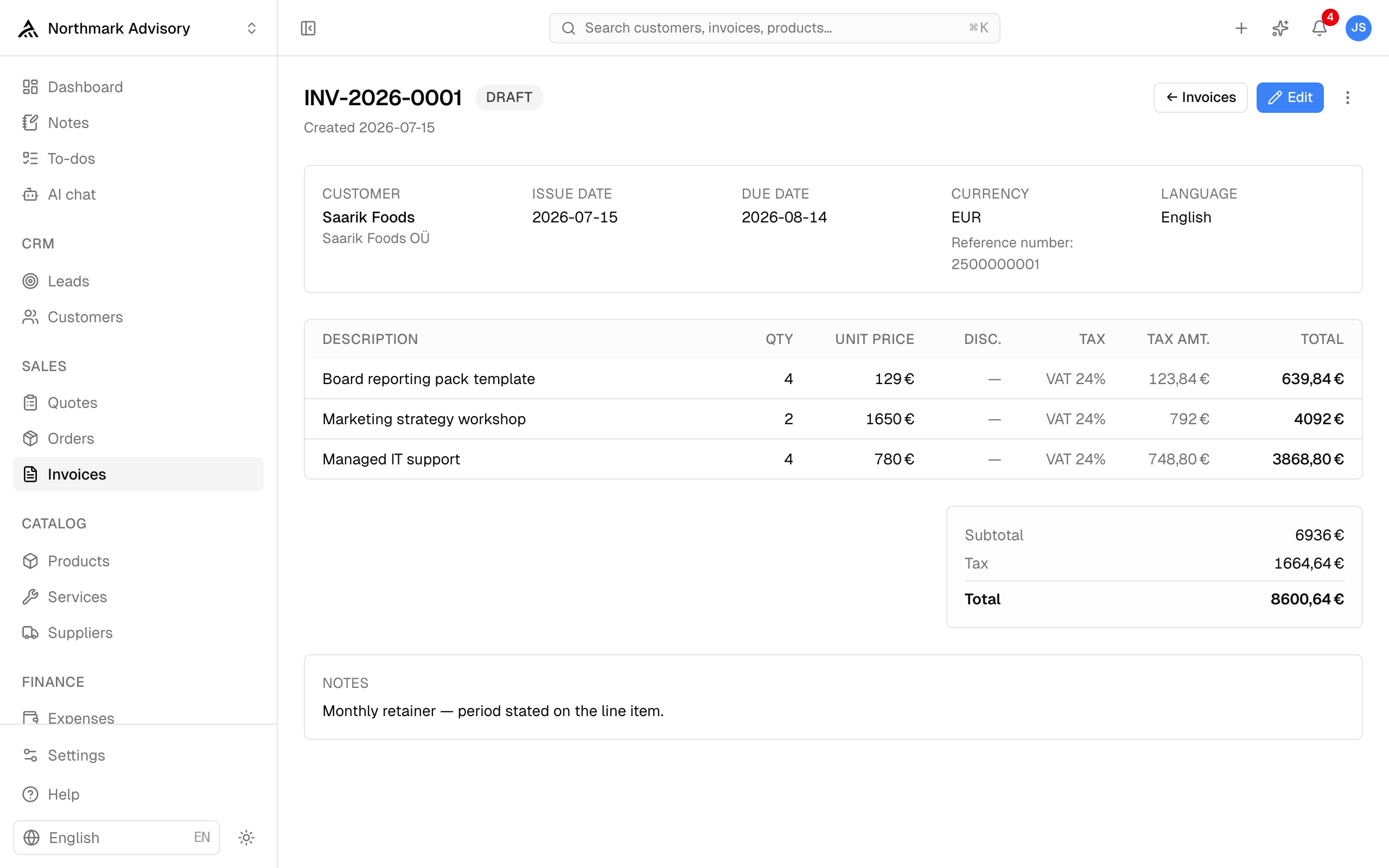 An invoice open in ERPFlow — line items with line-level VAT, totals, and the customer's currency and language.